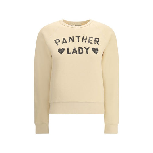 Valentino Beige Cotton Sweatshirt with Panther Lady graphic, ribbed crew neck, cuffs, and hem for casual style AW25 collection