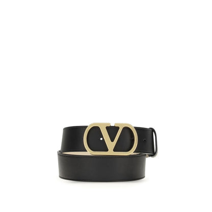 Valentino Garavani Black Calf Leather Bos Taurus Regular Belt with VLogo buckle, reversible design for versatile fashion wear.