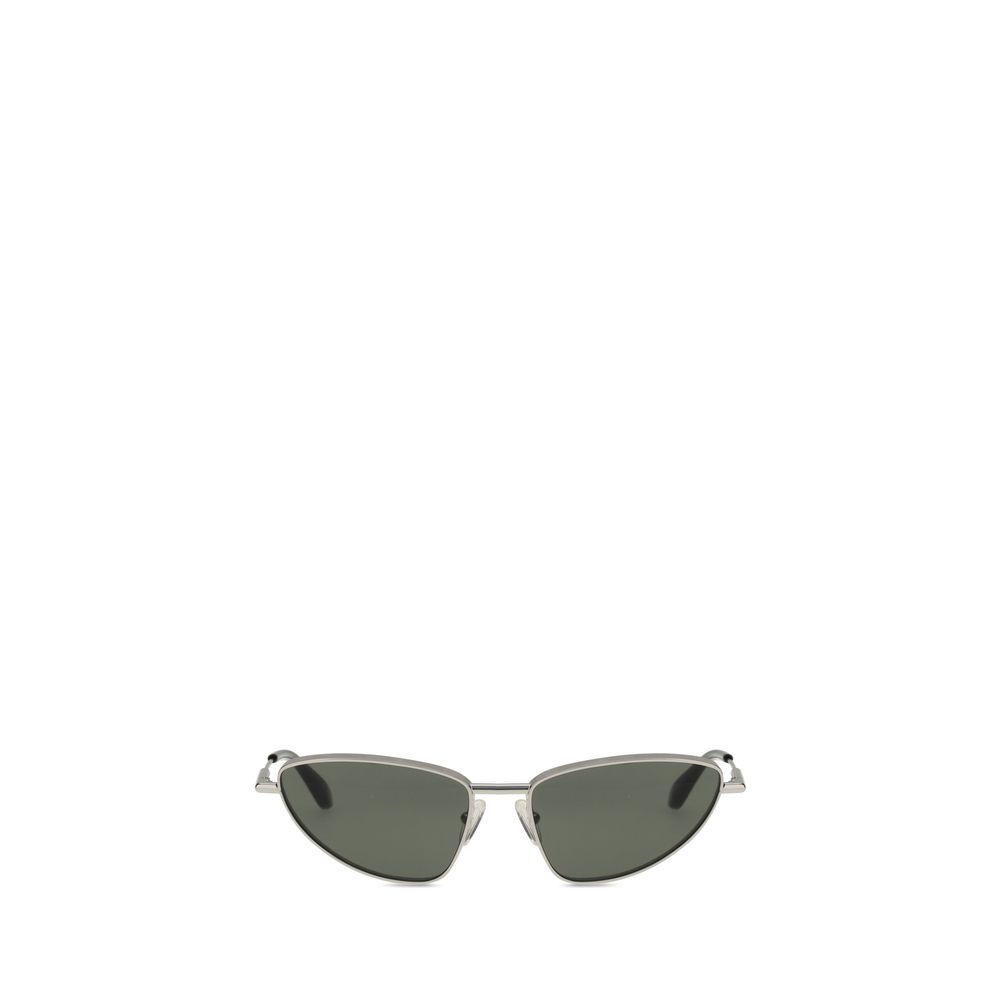 Alexander McQueen Silver Metal Sunglasses with cat-eye design and mirrored lenses on a white background.
