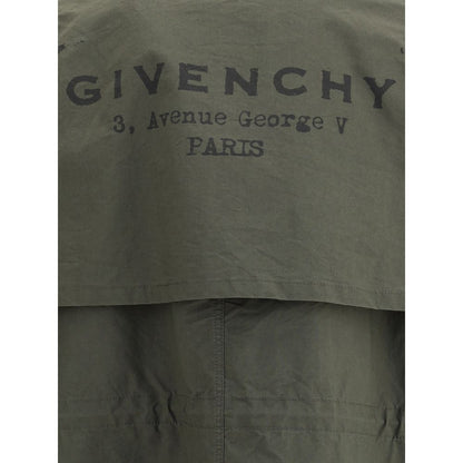 Close-up of Givenchy Bicolor Cotton Clothing with logo detailing, featuring iconic monogram on an oversized parka jacket.