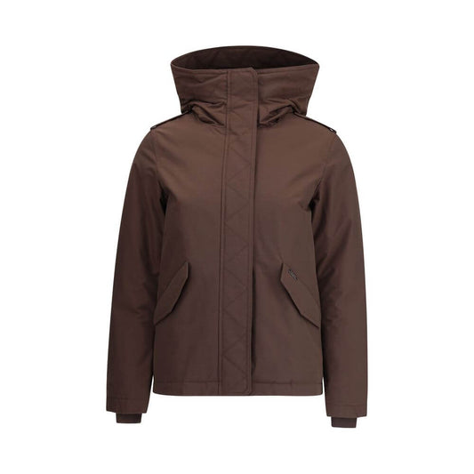 Woolrich Brown Cotton Full-Length Jacket featuring a hooded design, double-slider zipper, and front welt pockets for Autumn-Winter 2025 season.