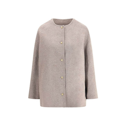 Loulou De Saison Gray Wool Coat with minimalist design, crew neck, and button closure. Perfect mid-season wear made from 90% wool, 10% Kashmir.