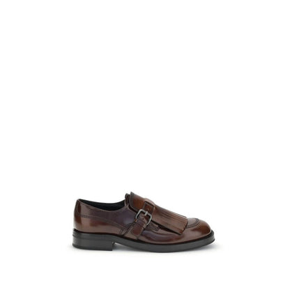 Church's Brown Calf Leather Bos Taurus Oxfords And Derbies with buckle and fringe, block heel, and round toe, classic design.