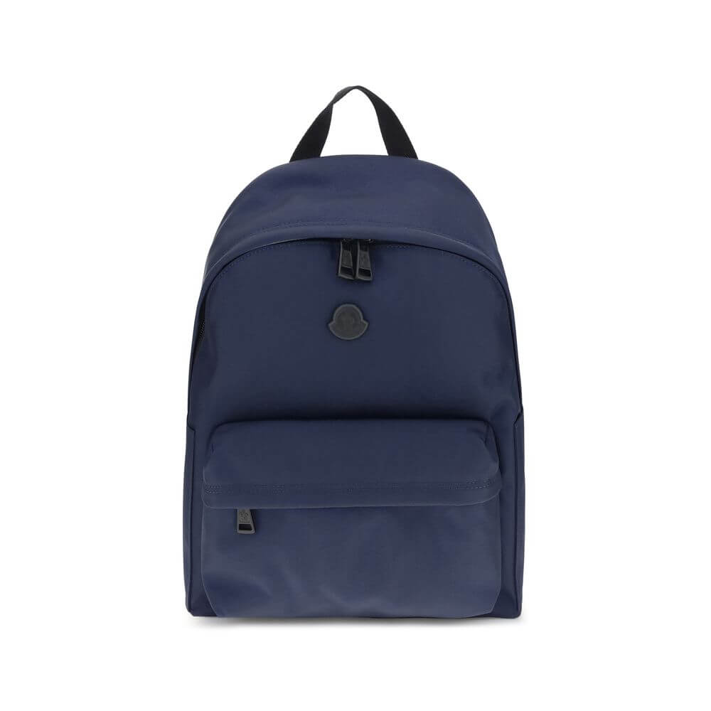 Moncler Blue Nylon Backpack with leather trim, water-repellent material, and adjustable straps for comfort and security.