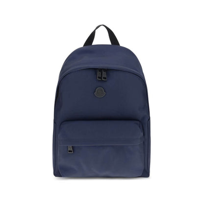 Moncler Blue Nylon Backpack with leather trim, water-repellent material, and adjustable straps for comfort and security.