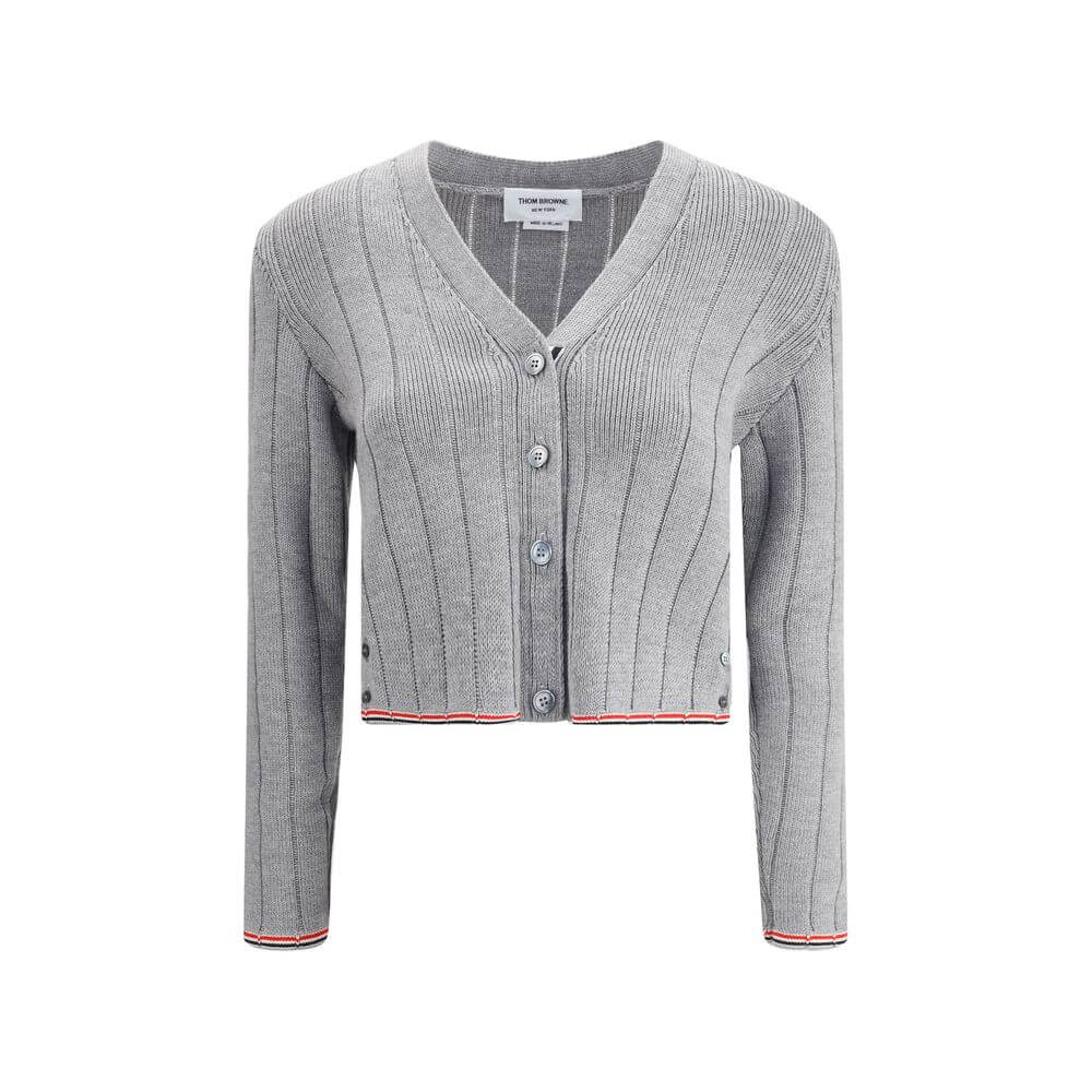 Thom Browne Gray Fleece Wool Cardigan with ribbed design, button closure, and signature colored band accents on hem and cuffs.