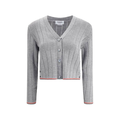 Thom Browne Gray Fleece Wool Cardigan with ribbed design, button closure, and signature colored band accents on hem and cuffs.