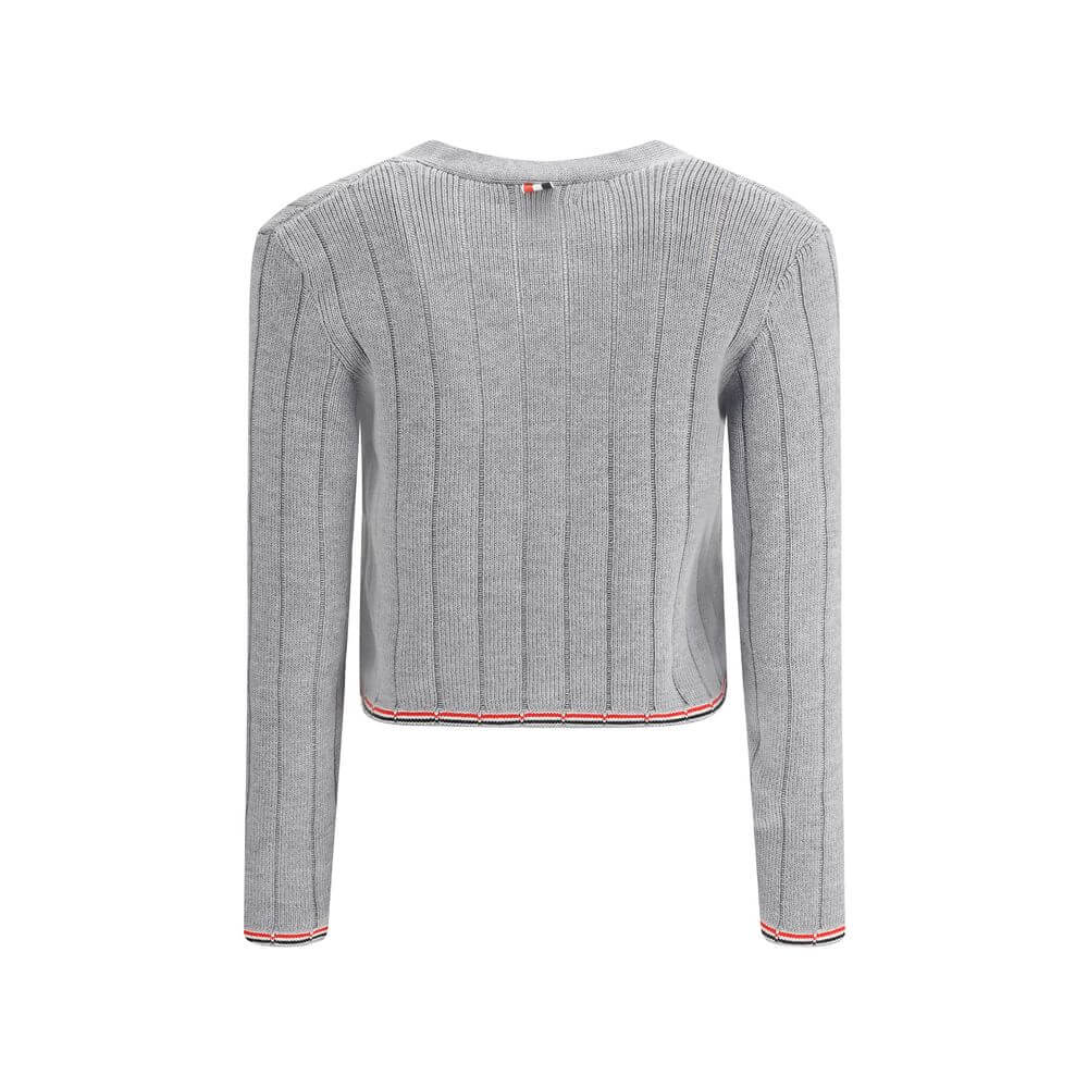 Thom Browne Gray Fleece Wool Cardigan, back view showing ribbed design and iconic colored bands on hem and cuffs.