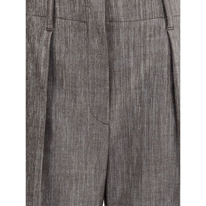 Close-up of Brunello Cucinelli Brown Polyester Casual Pants showcasing pleat detail and elegant fabric texture.