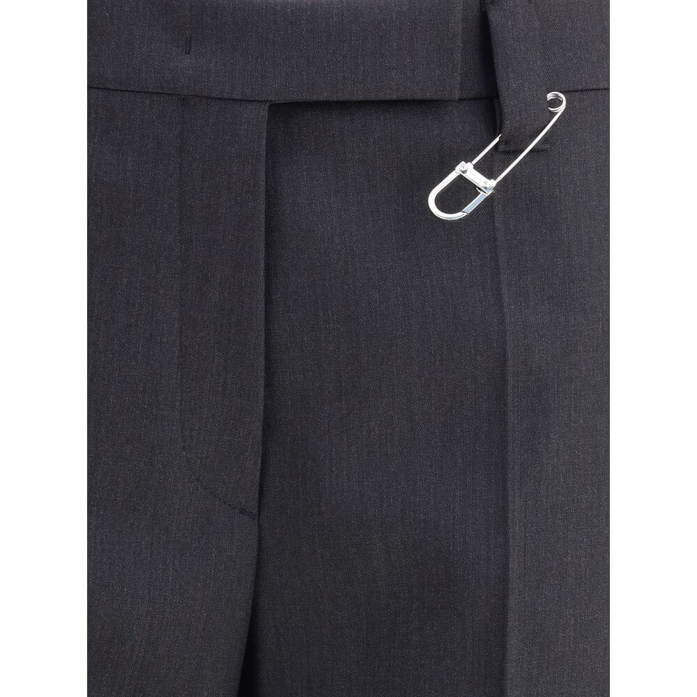 Close-up of Prada Gray Fleece Wool Dress Pants with maxi safety pin detail, highlighting high waist and elegant design.