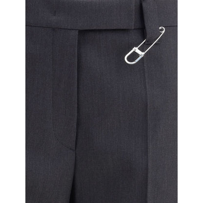 Close-up of Prada Gray Fleece Wool Dress Pants with maxi safety pin detail, highlighting high waist and elegant design.
