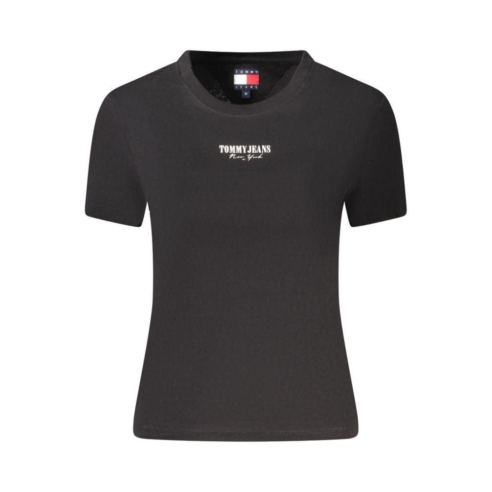 Tommy Hilfiger Black Cotton Women T-Shirt with logo print and modern design, crafted from cotton and recycled viscose blend for eco-friendly fashion.