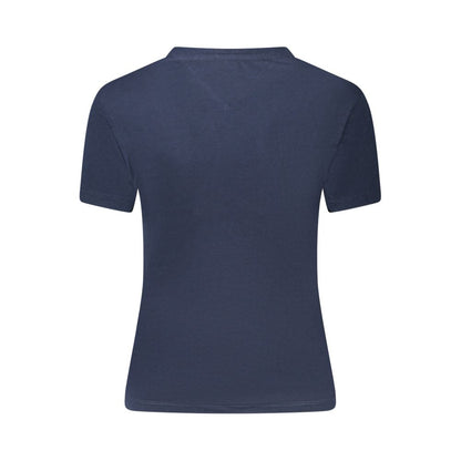 Back view of Tommy Hilfiger Blue Cotton Women T-Shirt showcasing short sleeves and sustainable fabric.