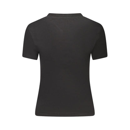 Back view of Tommy Hilfiger Black Cotton Women T-Shirt, showcasing sleek short-sleeve design and eco-friendly materials.