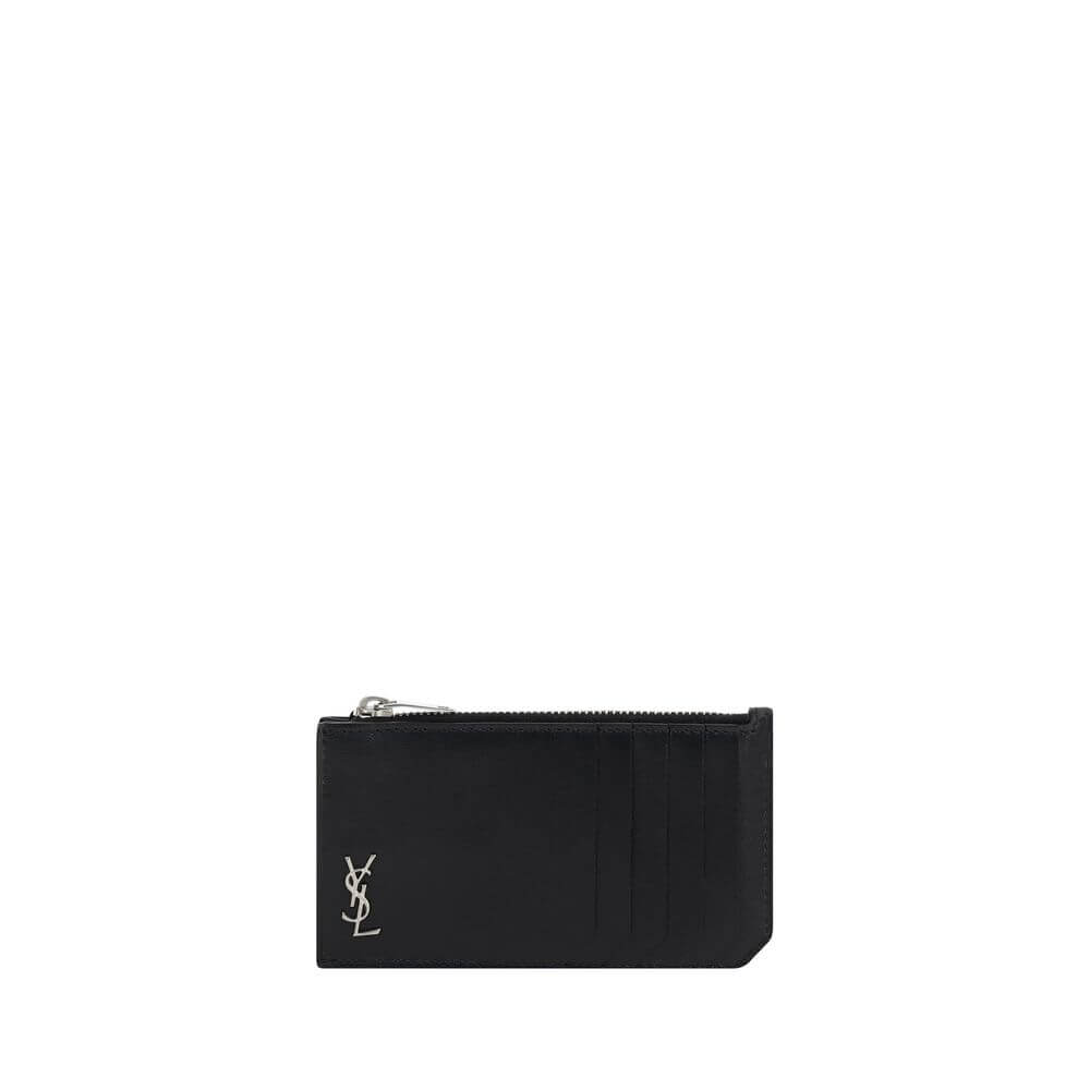 Saint Laurent Black Calf Leather Bos Taurus Wallet with YSL logo, card slot, and zipper closure, Autumn Winter 2025.