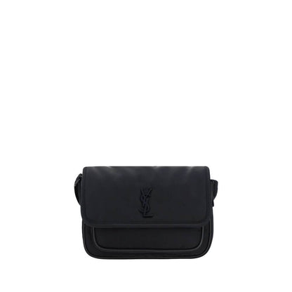 Saint Laurent Black Polyamide Shoulder Bag with adjustable strap, magnetic flap, and YSL logo, featuring a back pocket and interior compartment.