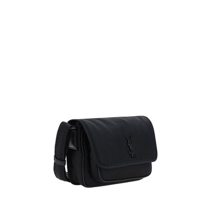 Saint Laurent Black Polyamide Shoulder Bag with YSL logo, magnetic flap closure, adjustable strap, AW25 collection, 21x21x6 cm.