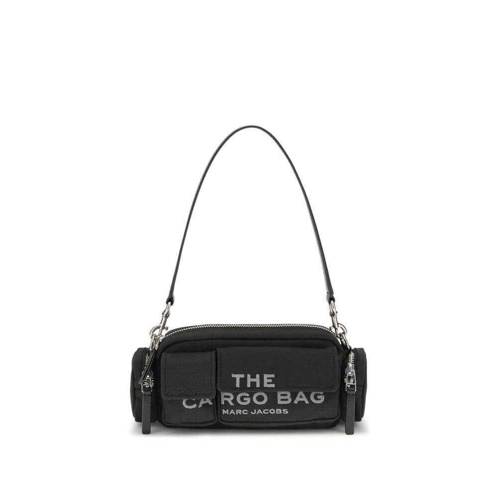 Marc Jacobs Black Canvas Shoulder Bag with four exterior pockets and dual straps, featuring embroidered logo, season AW25.
