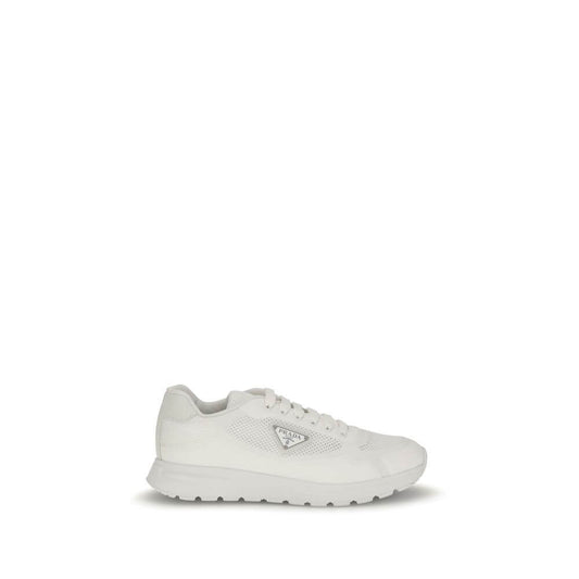 Prada White Rubber Athletic Sneakers with logo detail and mesh upper, showcasing urban design and premium comfort for contemporary style.