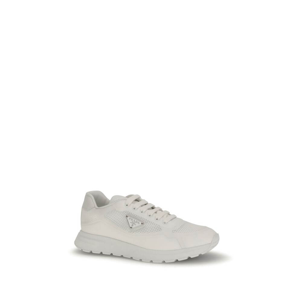 Prada White Rubber Athletic Sneakers with iconic triangle logo and mesh design, featuring a comfortable leather-covered footbed.