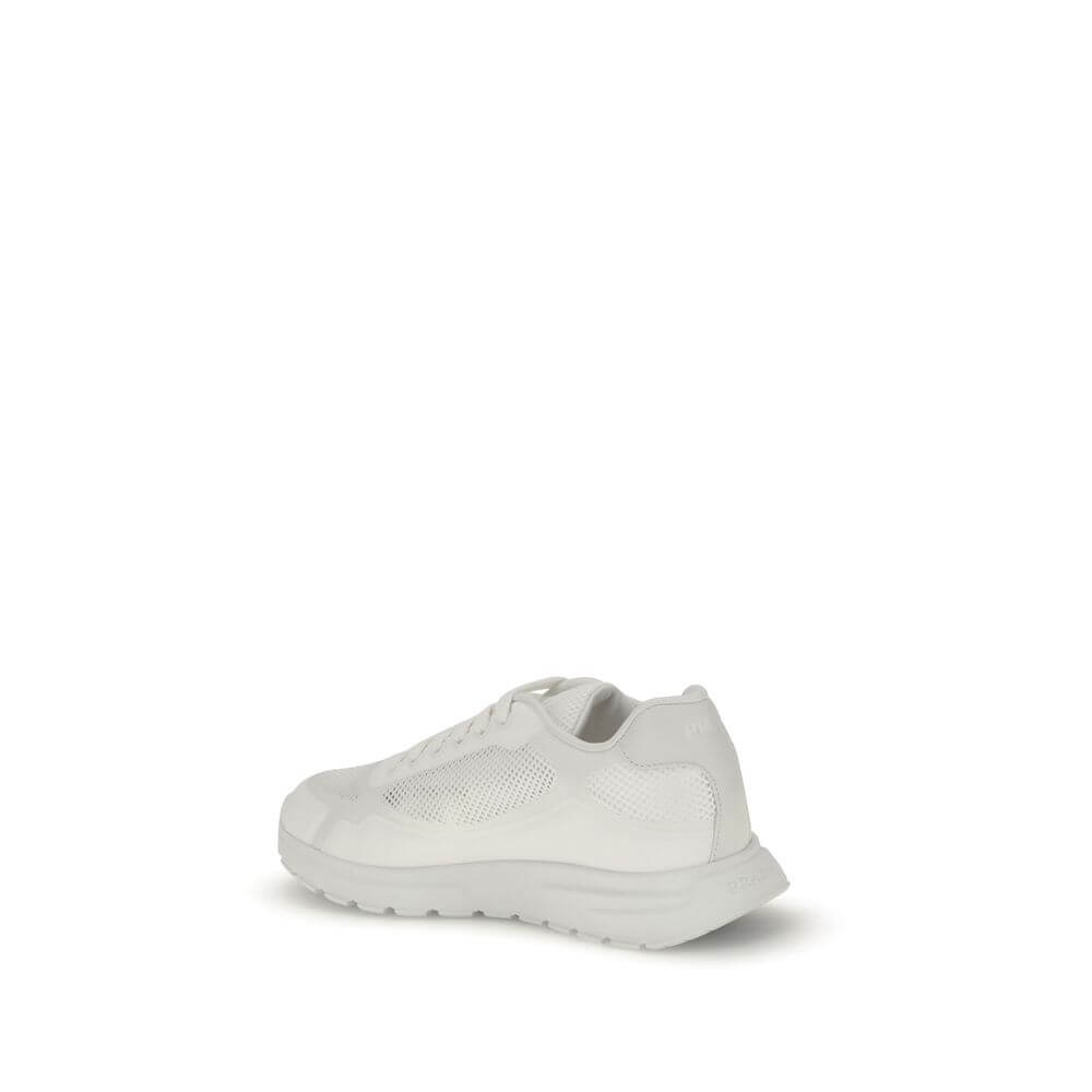 Prada White Rubber Athletic Sneakers with mesh design and enameled metal triangle logo, showcasing urban style and comfort.