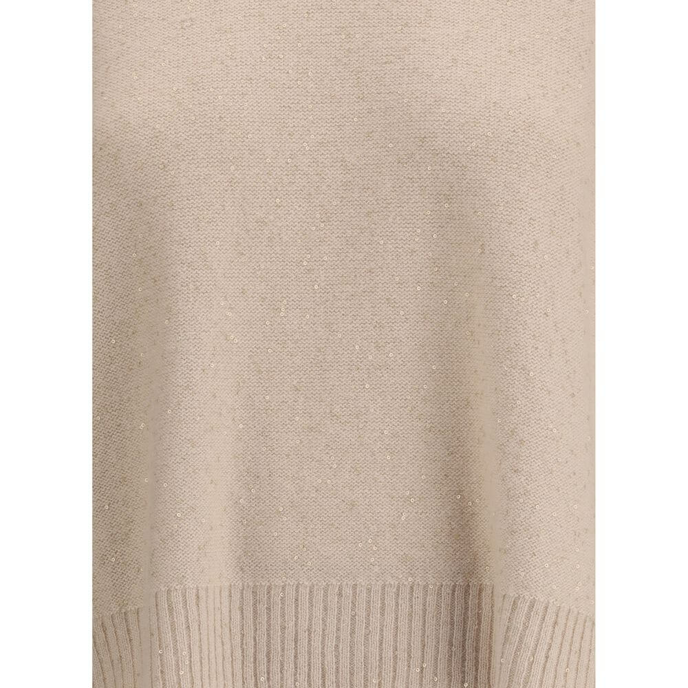 Close-up of Fabiana Filippi Beige Fleece Wool Sweatshirt with sequin detail, ribbed hem, made in Italy.
