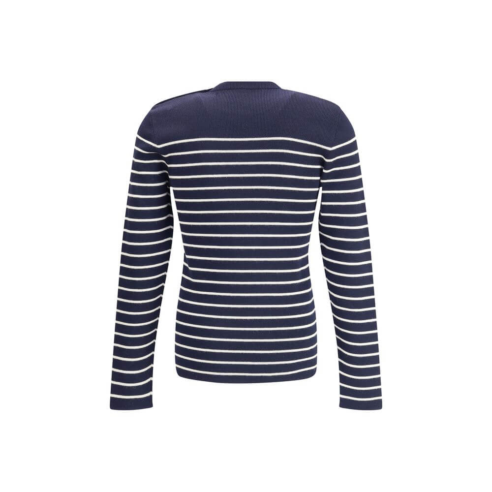 Back view of Prada Blue Fleece Wool Sweatshirt with striped pattern, ribbed crew neck, and jacquard signature for AW25 season.