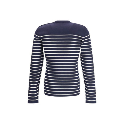 Back view of Prada Blue Fleece Wool Sweatshirt with striped pattern, ribbed crew neck, and jacquard signature for AW25 season.