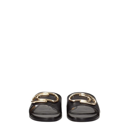 Off-White Black Leather Slippers featuring gold details, open toe, low flat heel, and made of leather. Style: Casual. MPN: OWIC015LEA0031076.