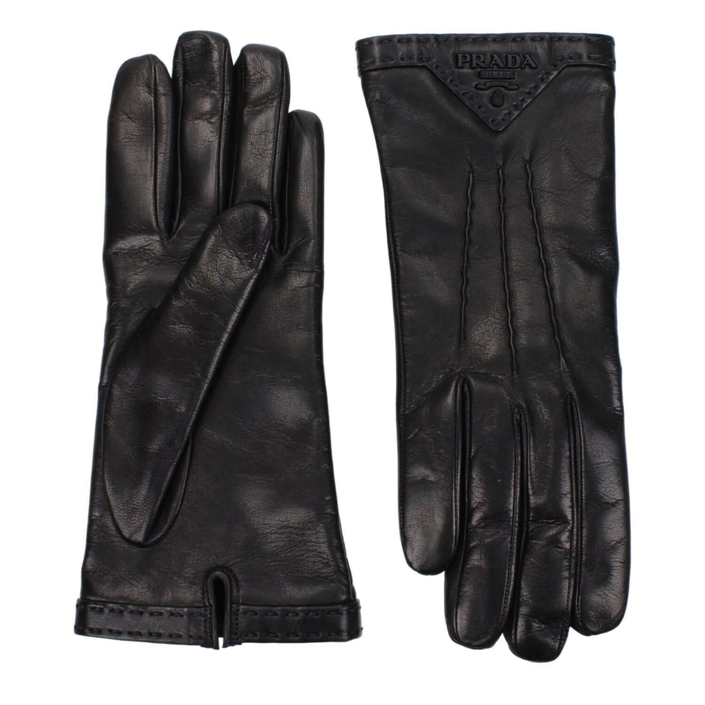 Prada Black Leather Gloves with side logo, 100% leather, stylish and elegant design by Prada, MPN 1GG46C038F0ES9.