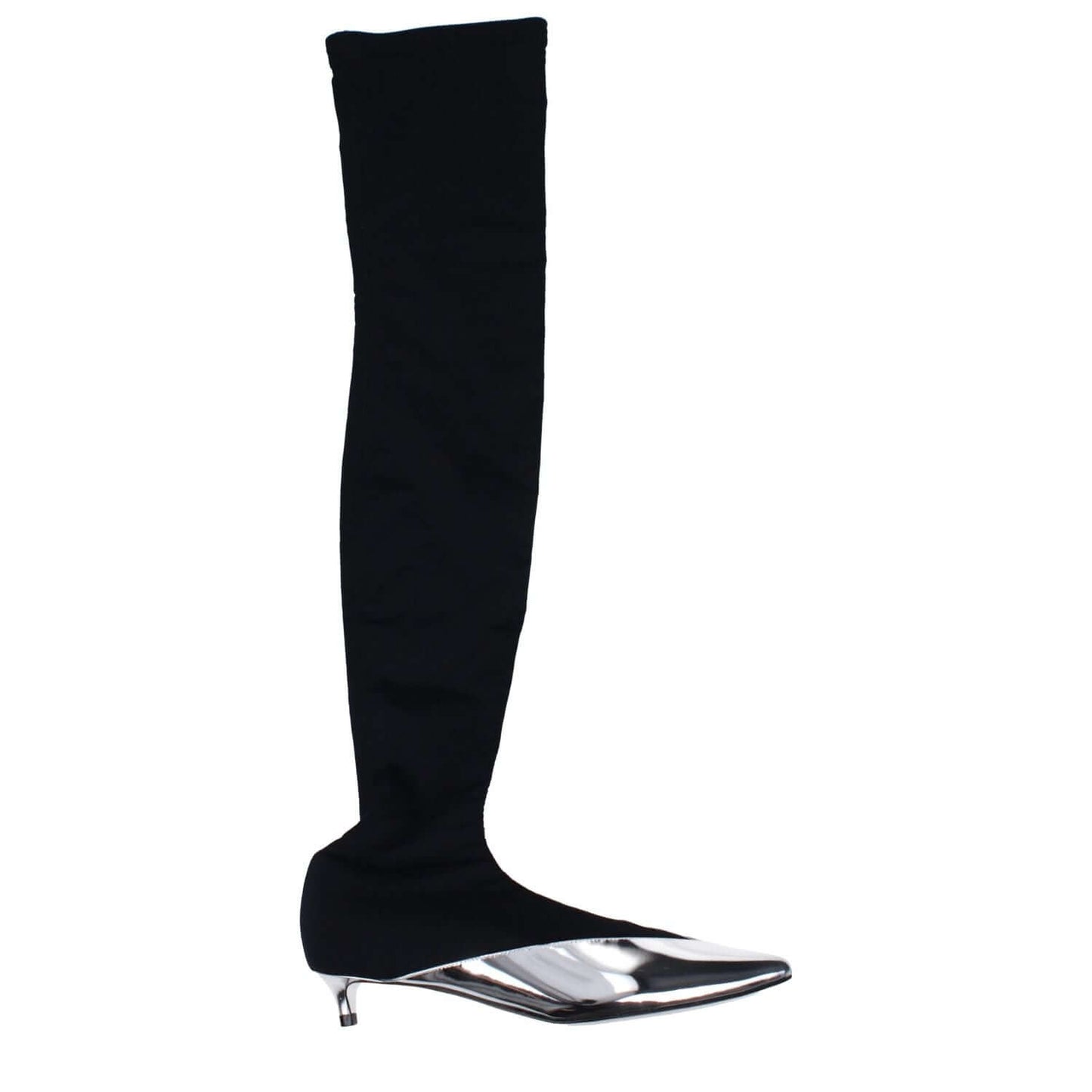 Givenchy Black Fabric Over The Knee boots with pointy toe and low flat heel, black fabric and silver accents, leather sole, MPN BE700VE0CK008.