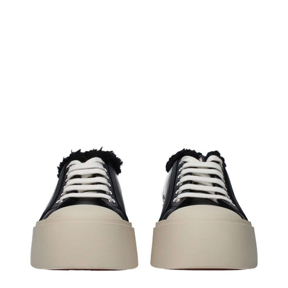 Marni Black Leather Chunky Sneakers with fur detail, front and back logo, lace-up closure, and rubber sole, mid heels, round toe, 3.5 cm heel.