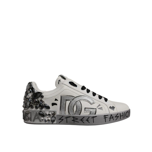 Dolce & Gabbana White Crystal Logo Portofino Sneakers Shoes