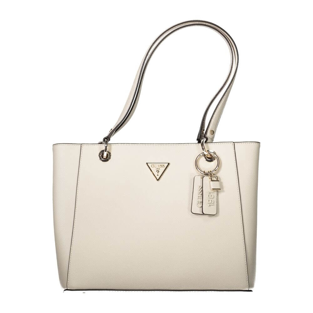 Guess Jeans Beige Polyethylene Handbag with shoulder handles, external pocket, two compartments, and protective feet.