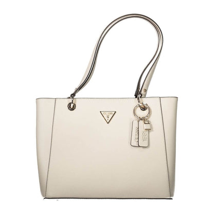 Guess Jeans Beige Polyethylene Handbag with shoulder handles, external pocket, two compartments, and protective feet.