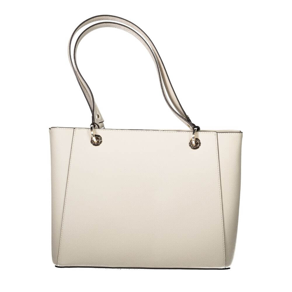 Guess Jeans Beige Polyethylene Handbag with two shoulder handles, external pocket, and zip closure. Features logo and contrasting details.