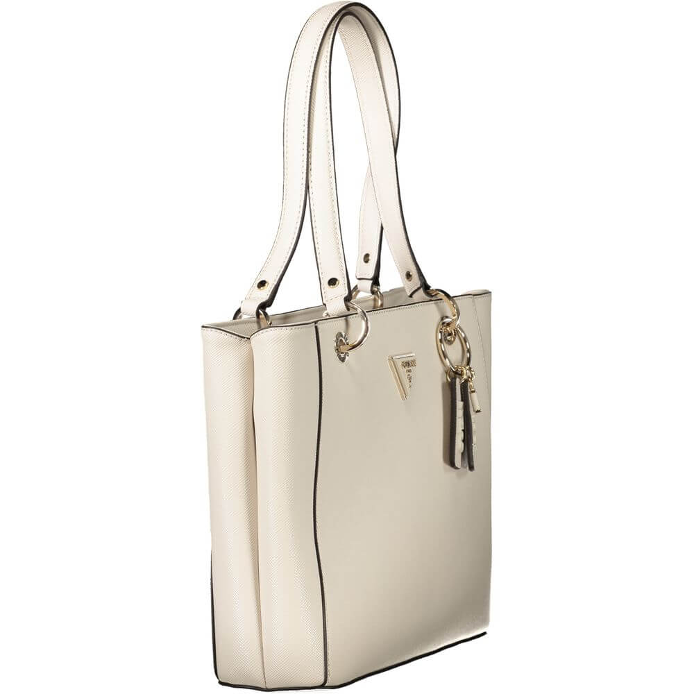 Guess Jeans Beige Polyethylene Handbag with dual shoulder handles, external pocket, and zip closure