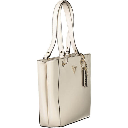 Guess Jeans Beige Polyethylene Handbag with dual shoulder handles, external pocket, and zip closure