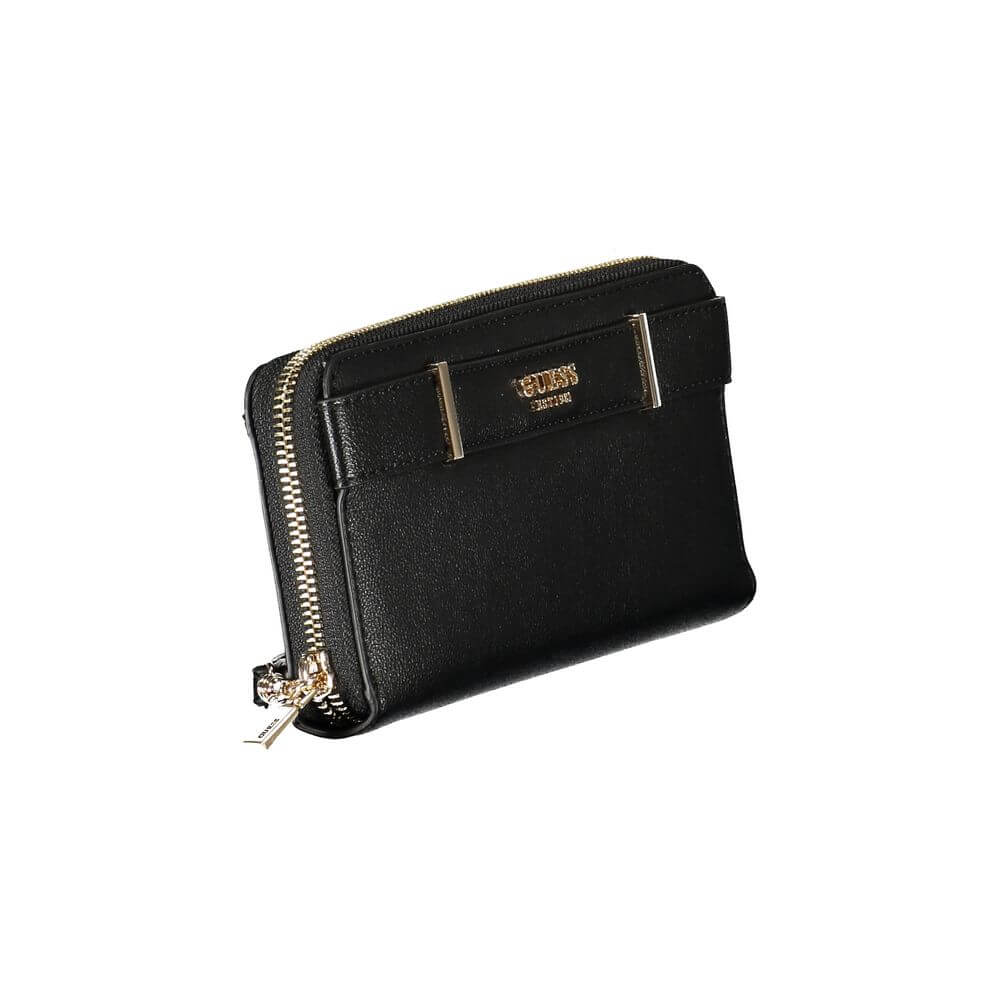 Guess Jeans Black Polyethylene Wallet with zip closure, external pocket, and logo, featuring compartments and card spaces.