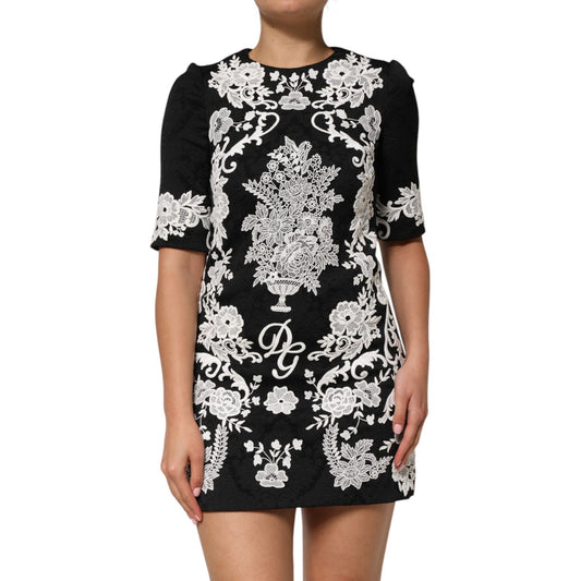 Dolce & Gabbana Black Lace Trim Short Sleeves A-line Dress