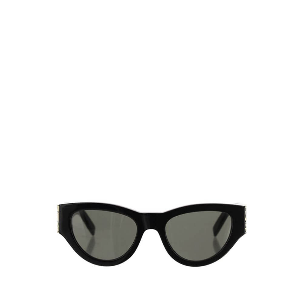Saint Laurent Black Acetate Sunglasses, cat-eye shape with gold logo on the side, offering a feminine and sophisticated look.