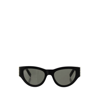 Saint Laurent Black Acetate Sunglasses, cat-eye shape with gold logo on the side, offering a feminine and sophisticated look.