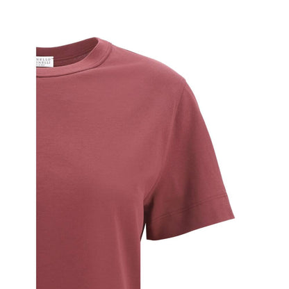Brunello Cucinelli Bordeaux Cotton T-Shirt featuring ribbed crew neck and luxury jewel detail on back, simple monochrome design.