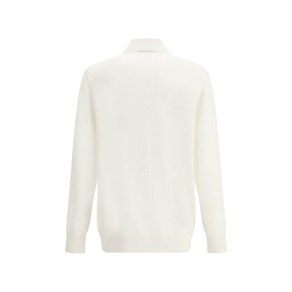 Back view of Brunello Cucinelli White Cashmere Cardigan with ribbed collar and regular fit for AW25, showcasing premium Italian craftsmanship.