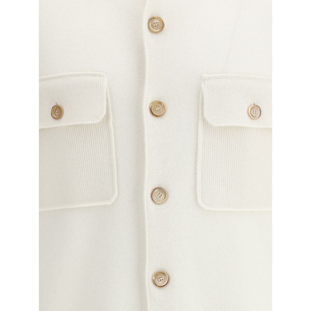 Brunello Cucinelli White Cashmere Cardigan with ribbed collar, button closure, and patch pockets detail.