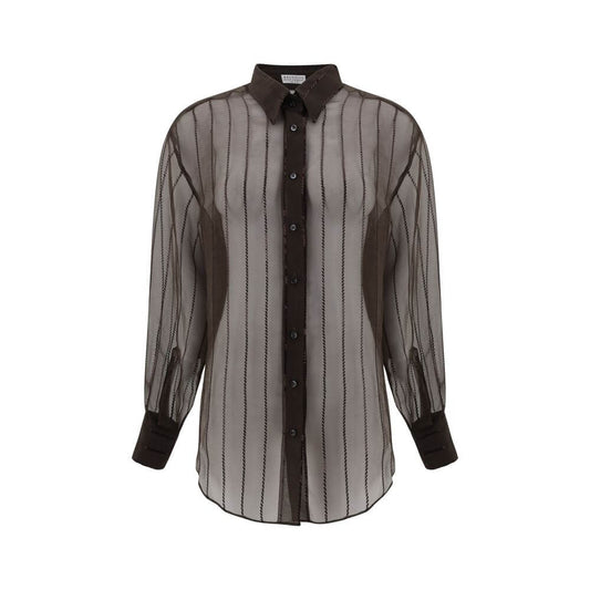 Brunello Cucinelli Brown Silk Blouse with sequin embellishments, featuring a semi-transparent design and adjustable button cuffs, AW25.