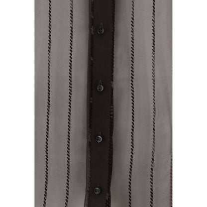 Brunello Cucinelli Brown Silk Blouse featuring semi-transparent design with sequins, classic collar, and front button closure.