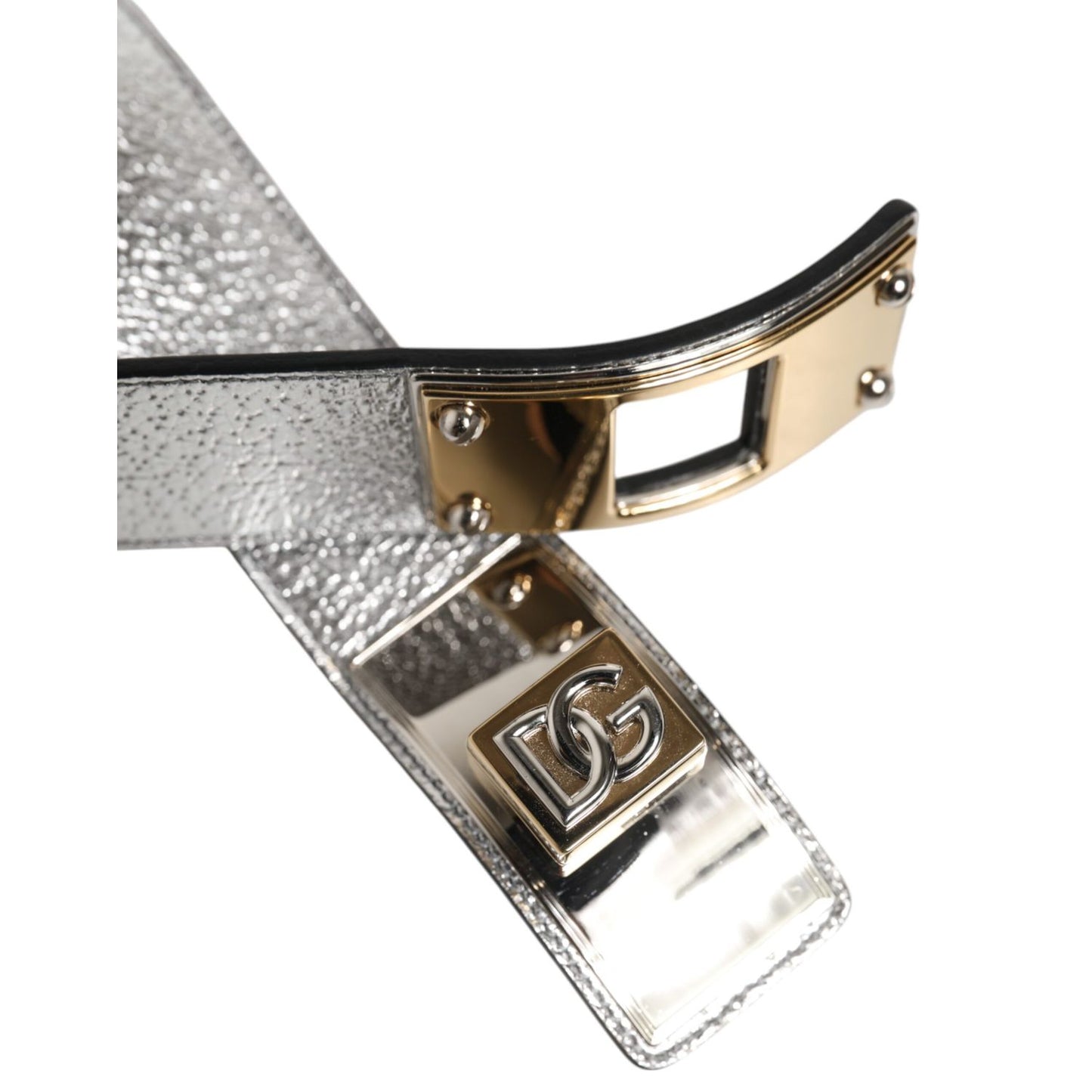 Dolce & Gabbana Silver Textured Leather Gold Tone Metal Neckband