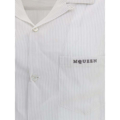 Alexander McQueen White Viscose Pattern Shirt with embroidered logo and thin stripes.