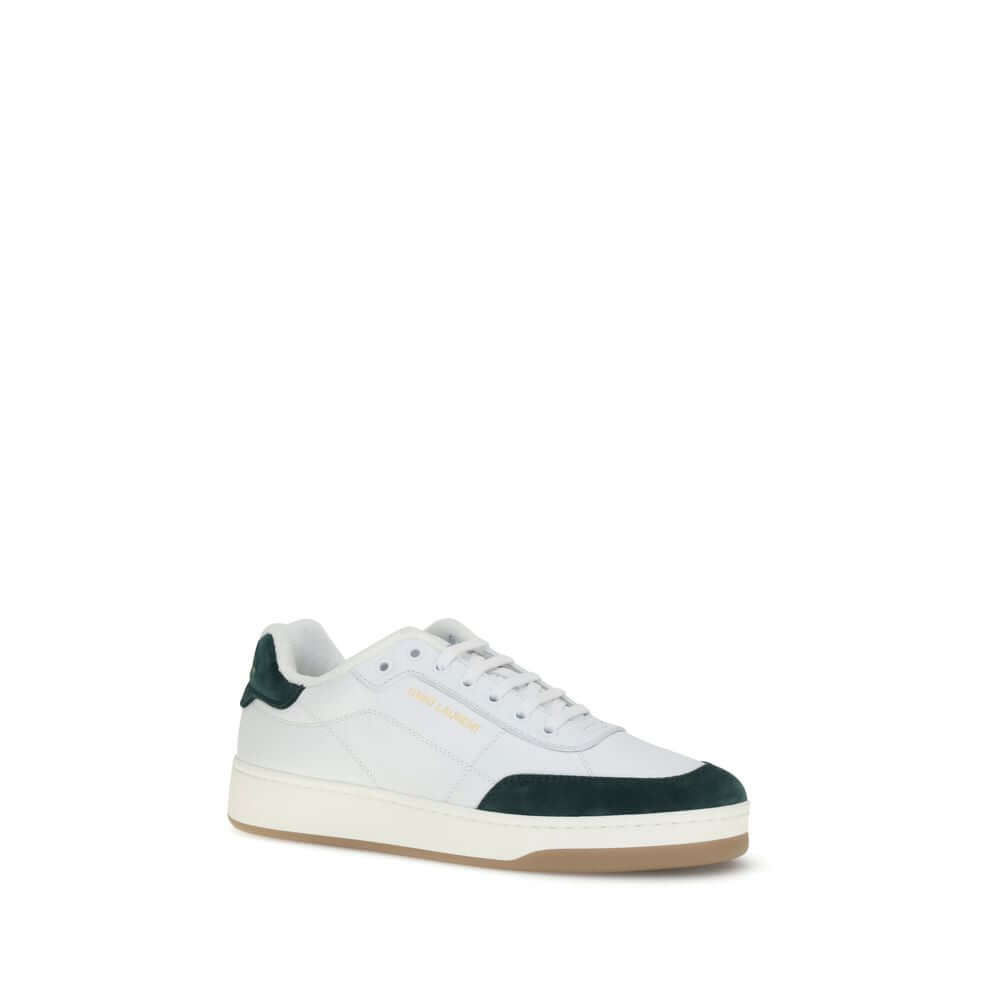 Saint Laurent White Calf Leather Bos Taurus Low Top Sneakers with logos and suede panel on flat sole.